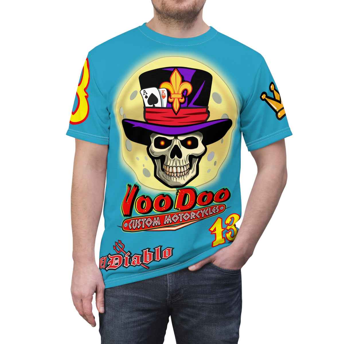 VooDoo Custom Motorcycles Electric Blue HiViz Unisex Graphic Biker Tee