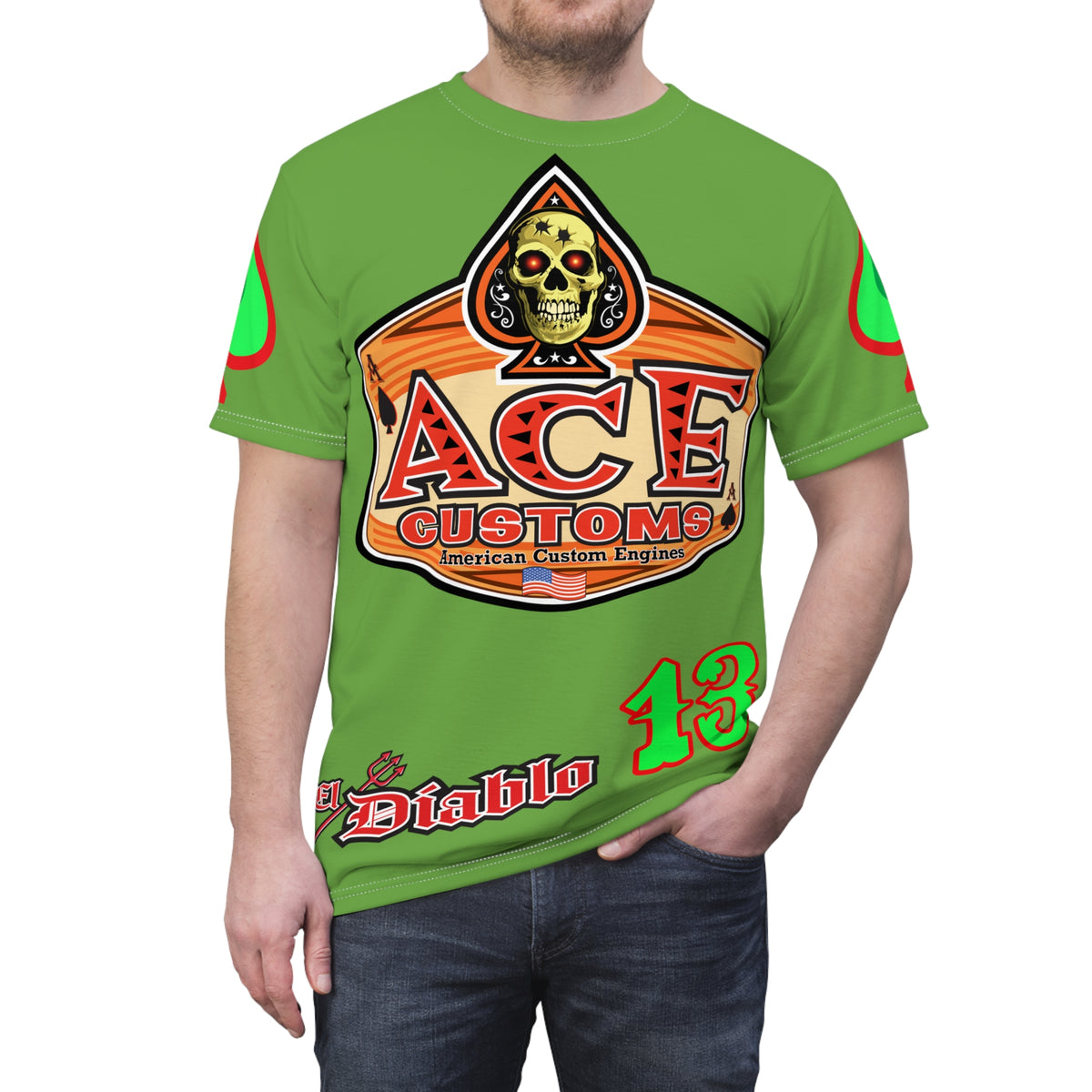 American Custom Engines ACE - Specially Designed Lumina Green  Ace of Spades Death Card High visibility Graphics
