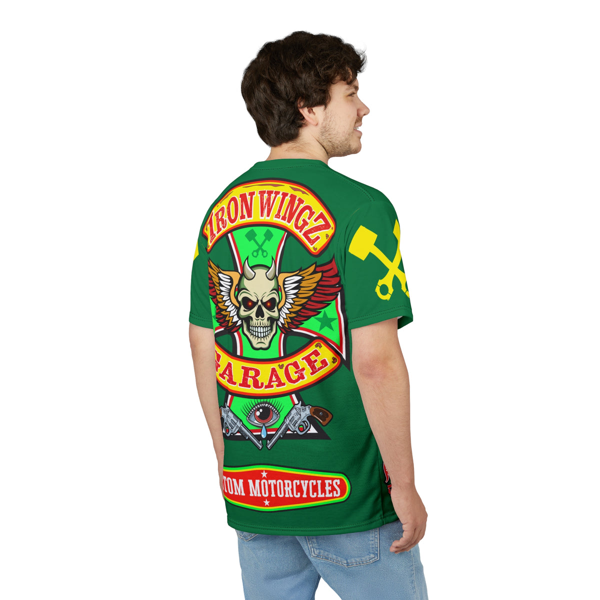 Iron Wingz Garage HiViz Tee, Vuntage Graphic Logo, Rockabilly Style Shirt for Bikers