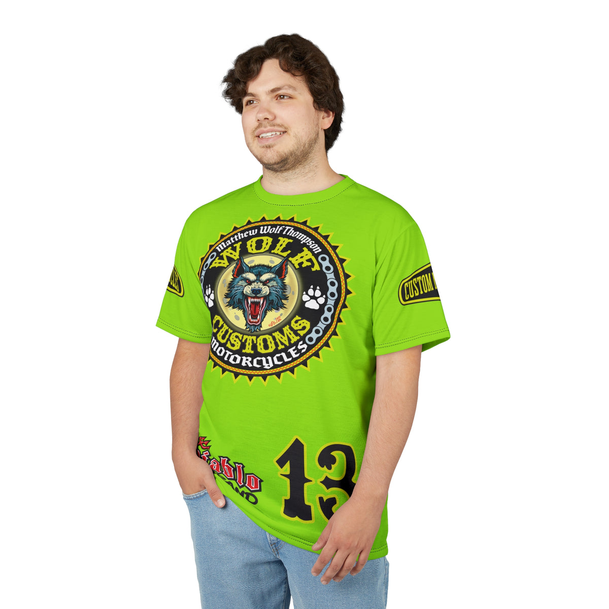 VERY SPECIAL MWT Wolf Customs HiViZ Lumina Green with XL Graphics Super Tee —  The Best Biker Riding Tee EVER !!!