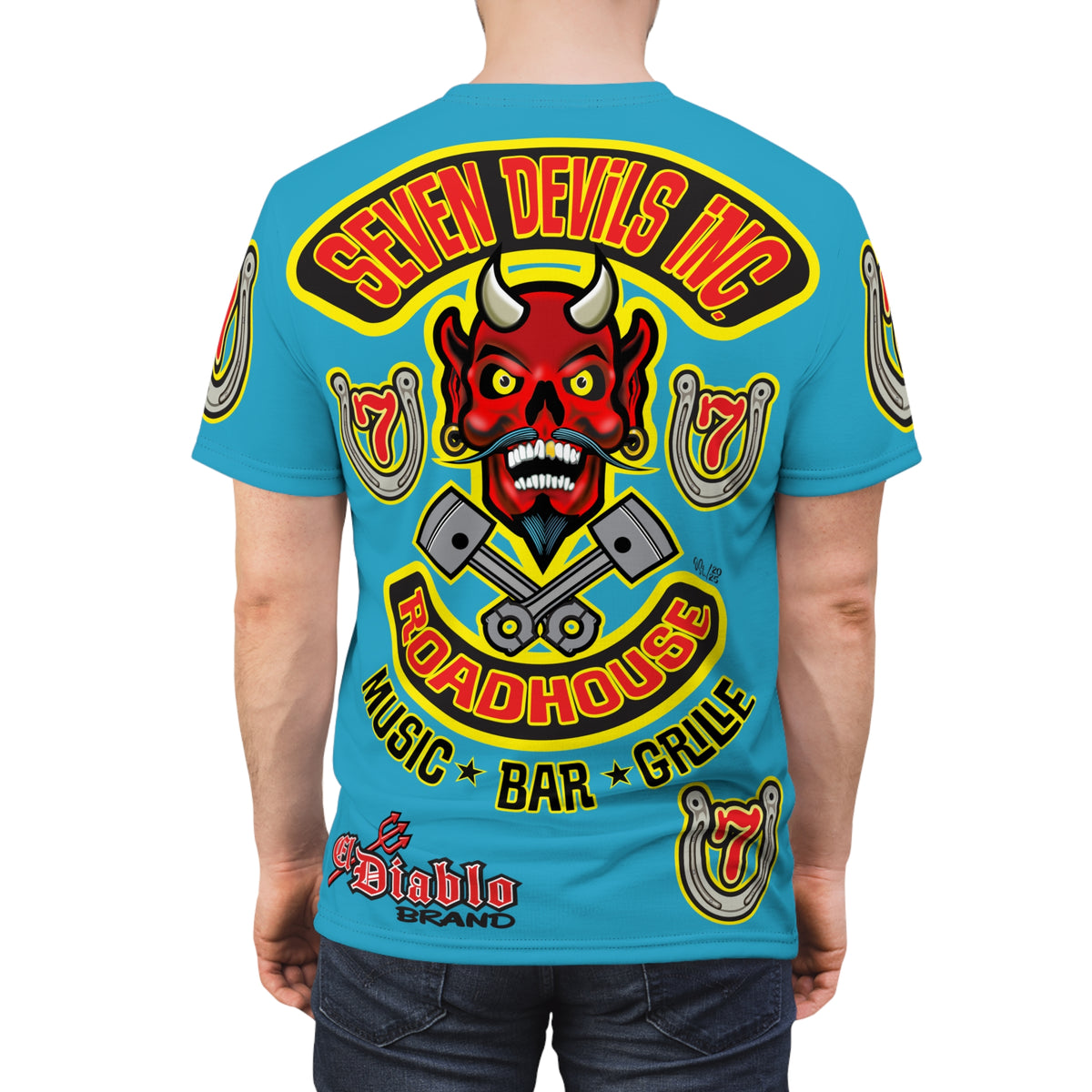 Seven Devils Inc. Roadhouse Electric Blue Hiviz  Design, Edgy Biker Shirt, Special Motorcycle Riding Gear, Seven Devils Inc.