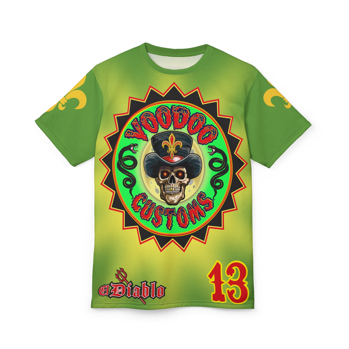 Voodoo Custom Motorcycles Unisex Tee - Edgy Tie Dye Skull Design for Bikers