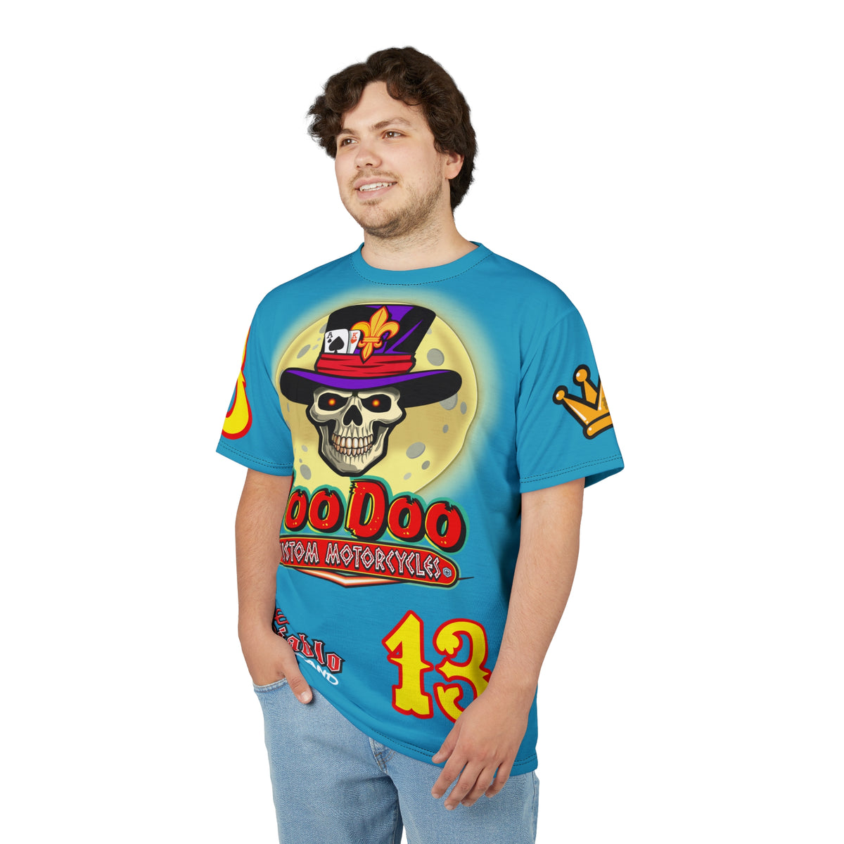 VooDoo Custom Motorcycles Electric Blue HiViz Graphics Biker Tee