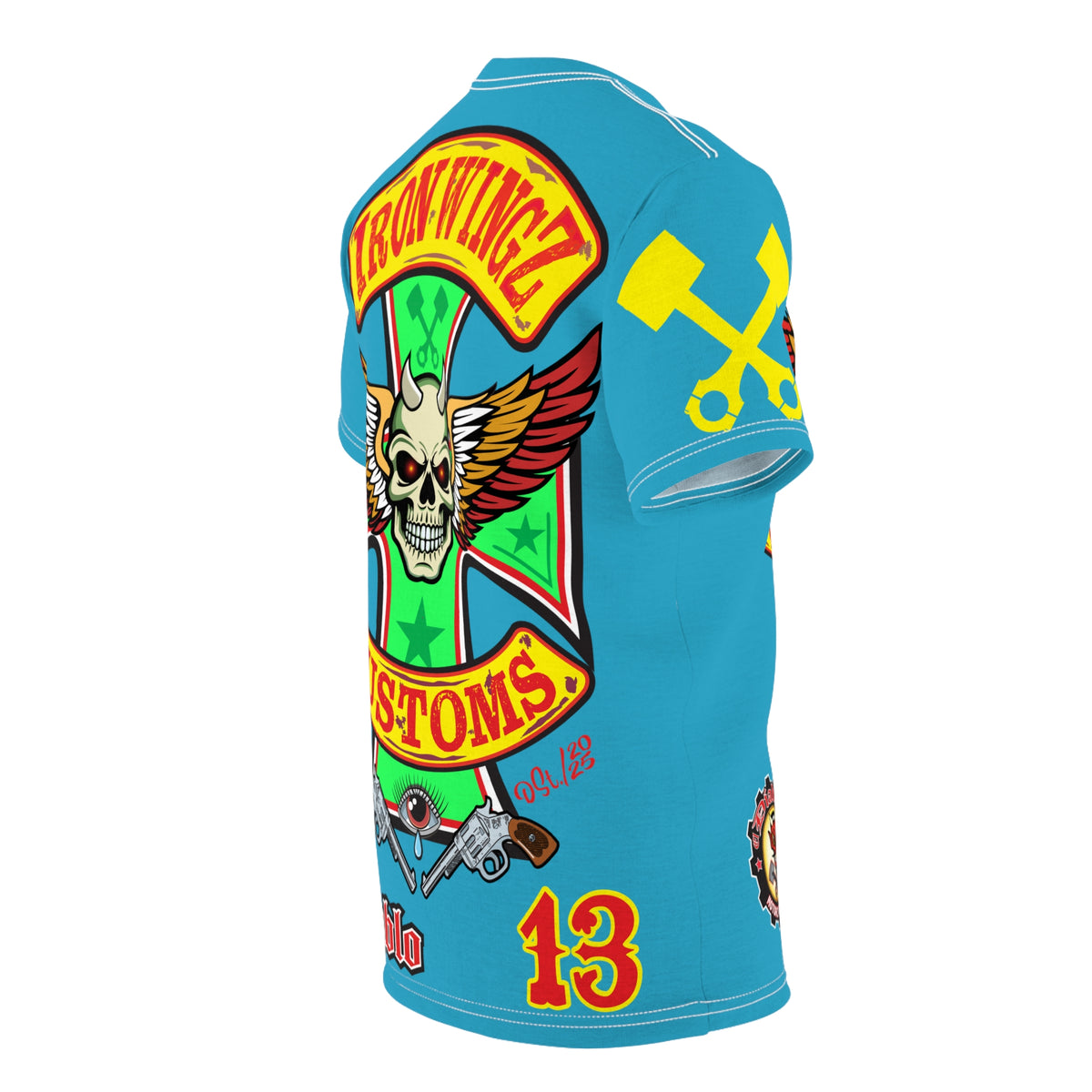 Iron WingZ Customs Electric Blue HIviz Graphic Super Tee, Edgy Streetwear, Customized Apparel, Gift for Bikers