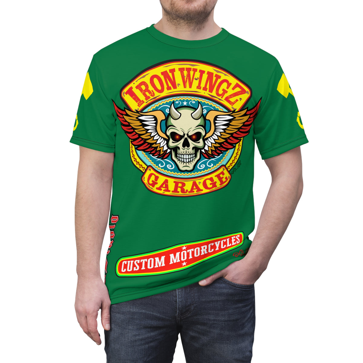 Iron Wingz Garage HiViz Tee, Vuntage Graphic Logo, Rockabilly Style Shirt for Bikers