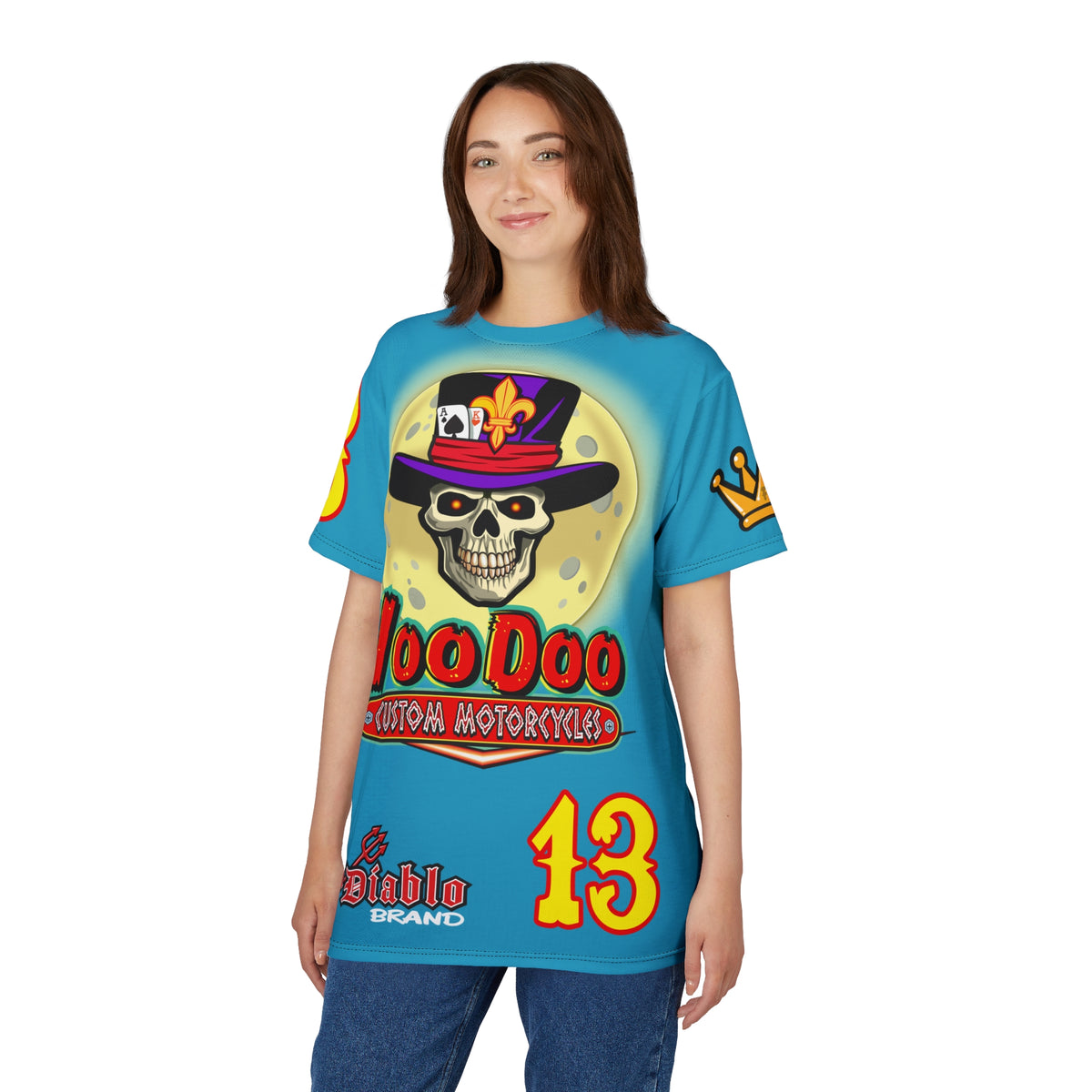 VooDoo Custom Motorcycles Electric Blue HiViz Graphics Biker Tee