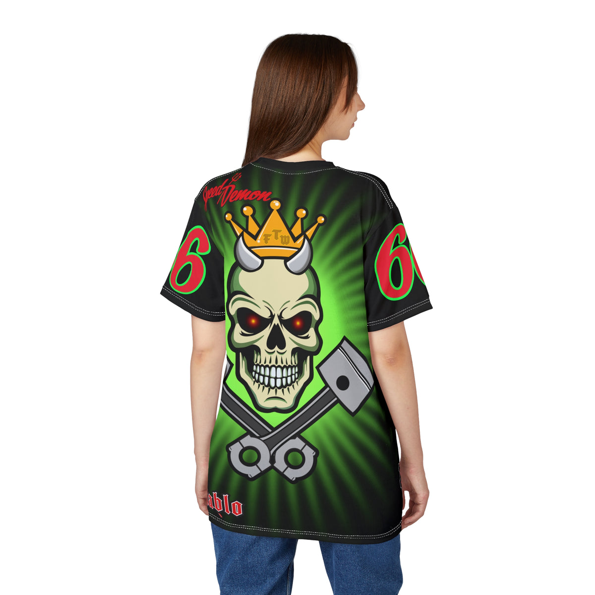 Speed Demon Night Rider with Lumina Green HiViZ Star Burst F& Back - Super Tee - Edgy Racing Skull Design