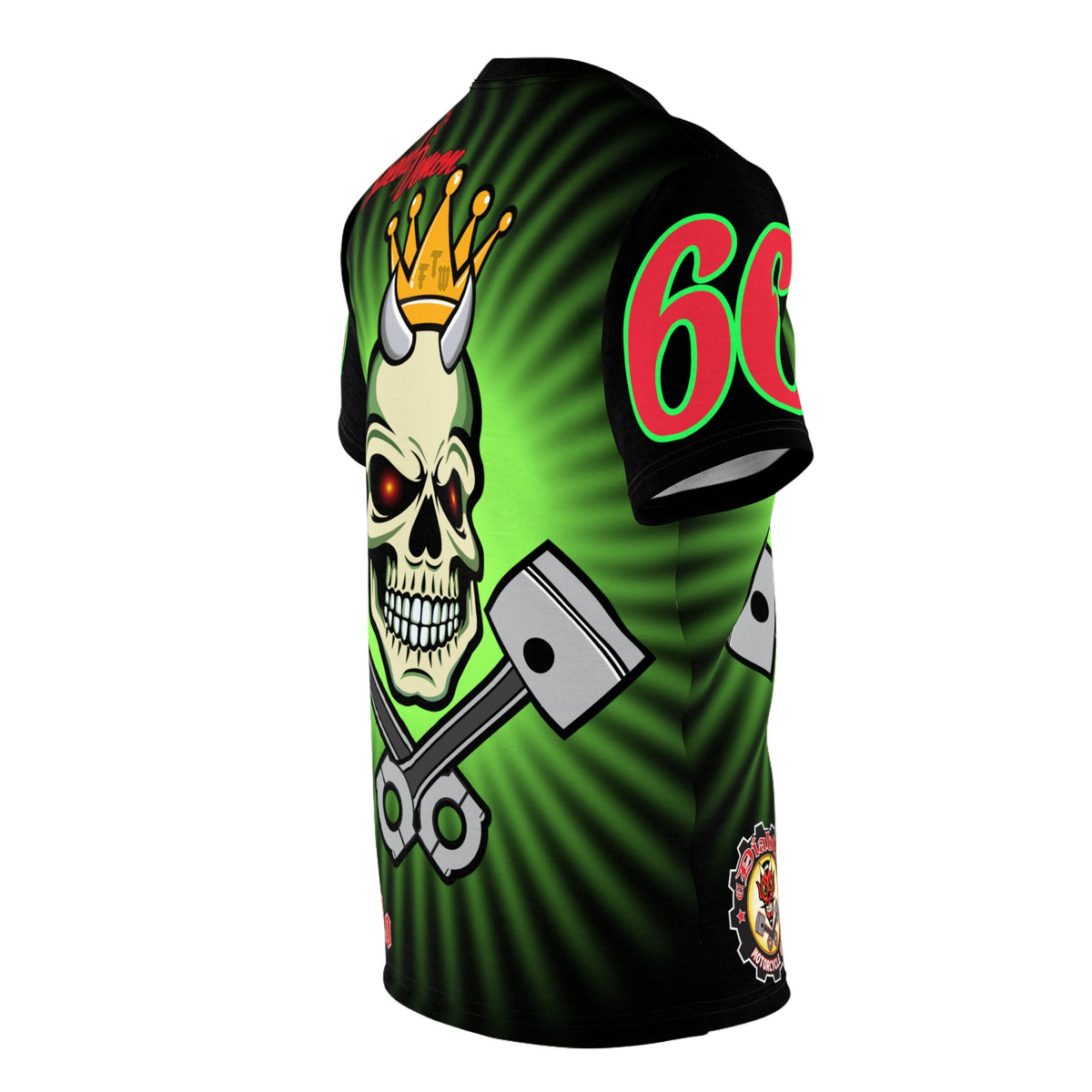 Speed Demon Night Rider with Lumina Green HiViZ Star Burst F& Back - Super Tee - Edgy Racing Skull Design
