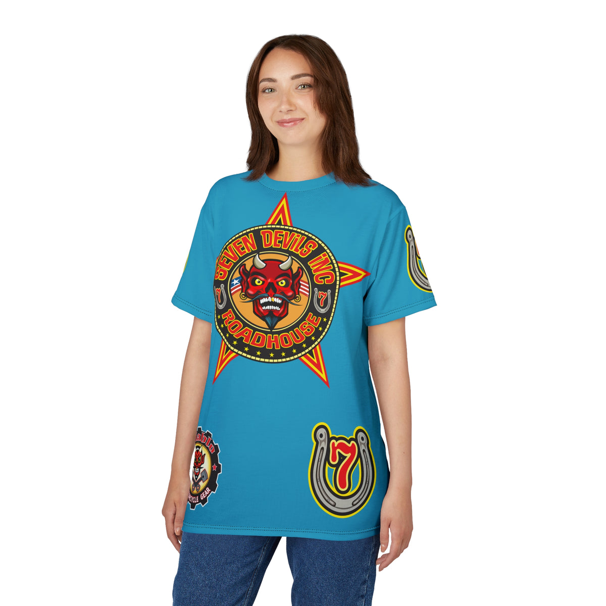 Seven Devils Inc. Roadhouse Electric Blue Hiviz  Design, Edgy Biker Shirt, Special Motorcycle Riding Gear, Seven Devils Inc.