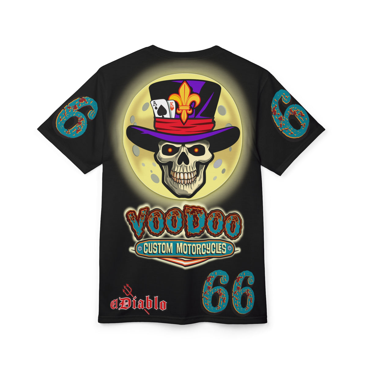 Voodoo Custom Motorcycles Ragin' Cajun Super Tee - Edgy Skull Design for Motorcycle Enthusiasts