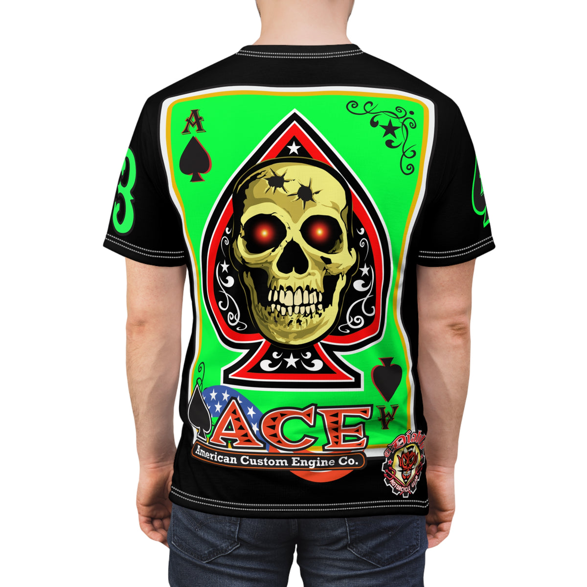 American Custom Engines ACE - HiViz Custom Riding Tee - Features Full Back Lumina Green Ace of Spades