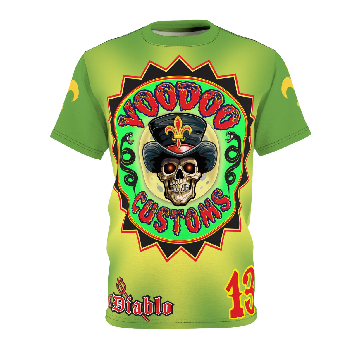 Voodoo Custom Motorcycles Unisex Tee - Edgy Tie Dye Skull Design for Bikers