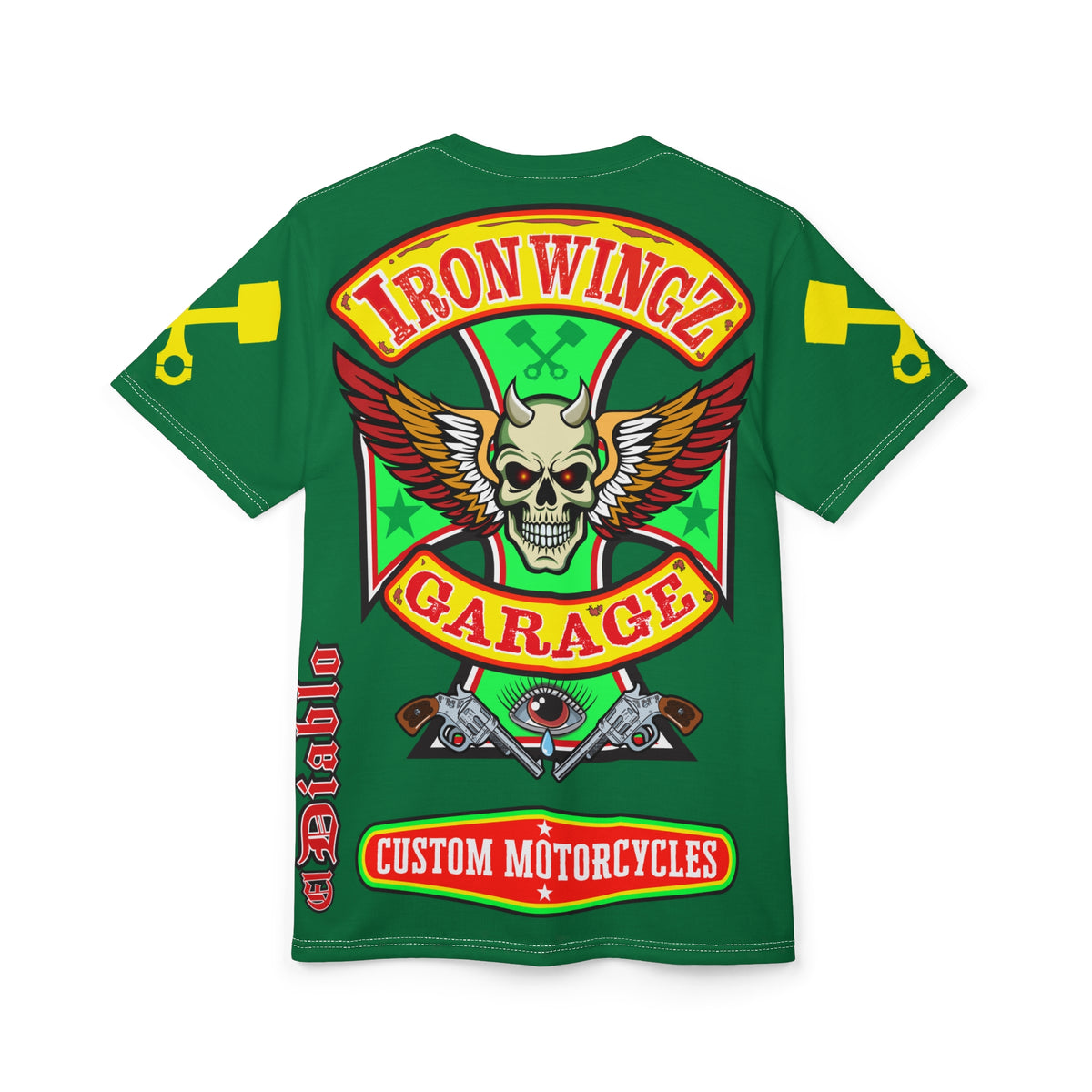 Iron Wingz Garage HiViz Tee, Vuntage Graphic Logo, Rockabilly Style Shirt for Bikers