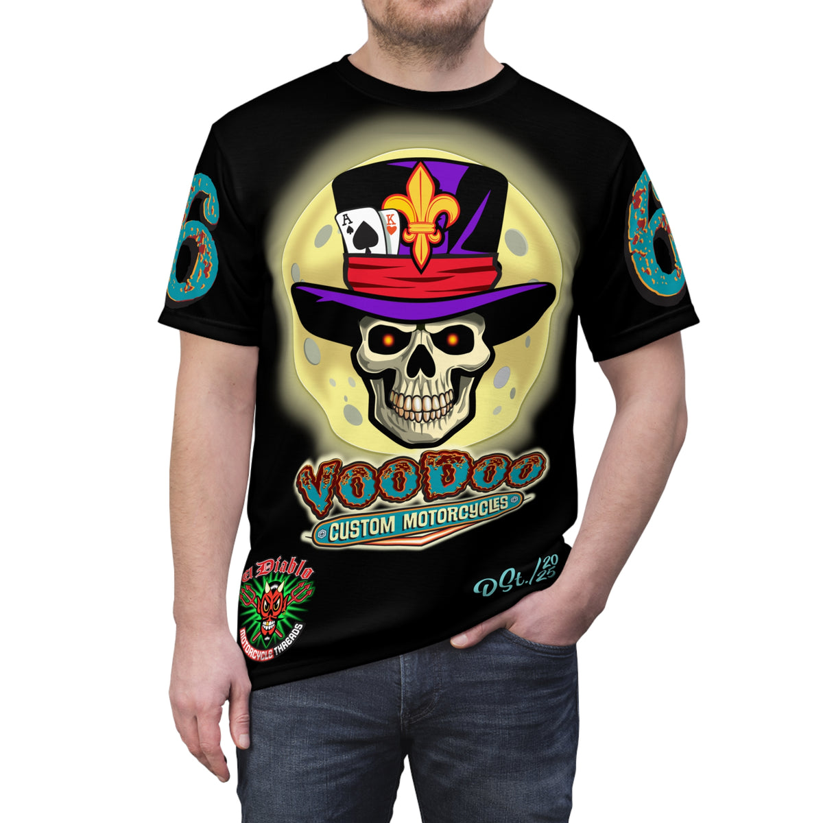 Voodoo Custom Motorcycles Ragin' Cajun Super Tee - Edgy Skull Design for Motorcycle Enthusiasts