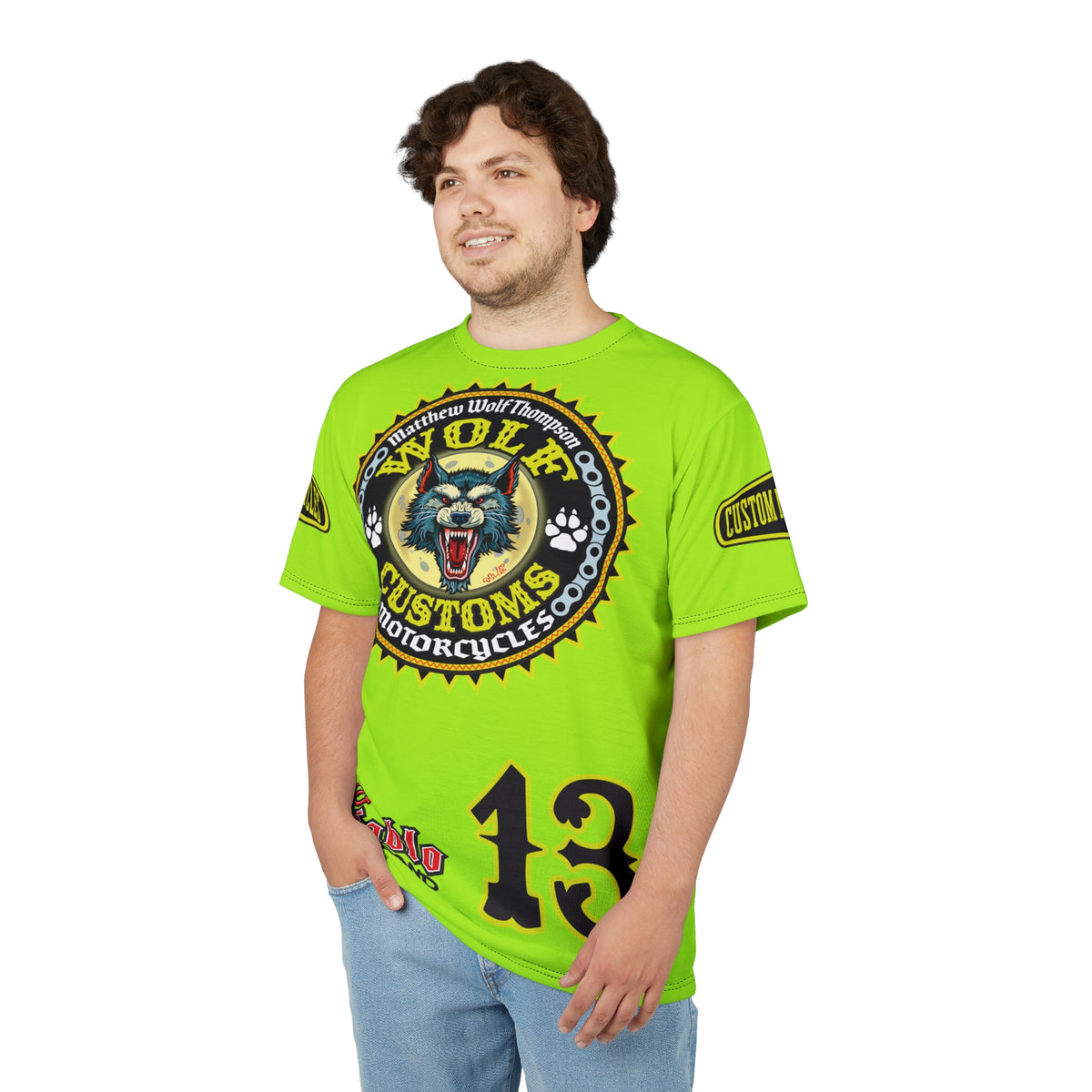 VERY SPECIAL MWT Wolf Customs Lumina Green XL HiViZ Graphics Super Tee —  The Best Biker Riding Tee EVER !!!