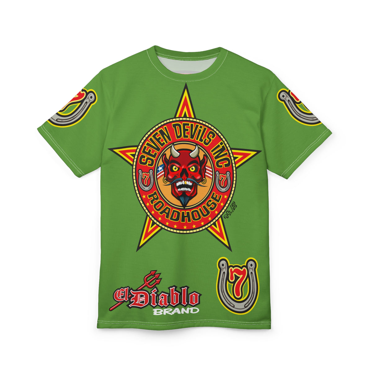 Seven Devils Inc. Roadhouse Electric Blue HiViz Design Super Tee, Edgy Biker Shirt, Special Motorcycle Riding Gear, Seven Devils Inc.