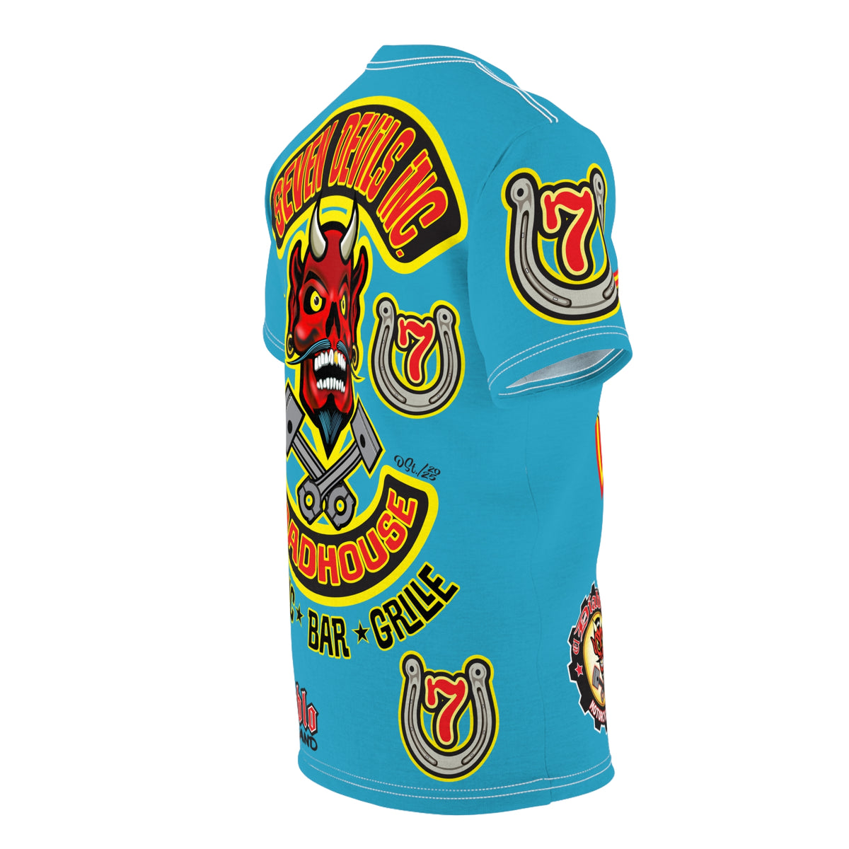 Seven Devils Inc. Roadhouse Electric Blue Hiviz  Design, Edgy Biker Shirt, Special Motorcycle Riding Gear, Seven Devils Inc.