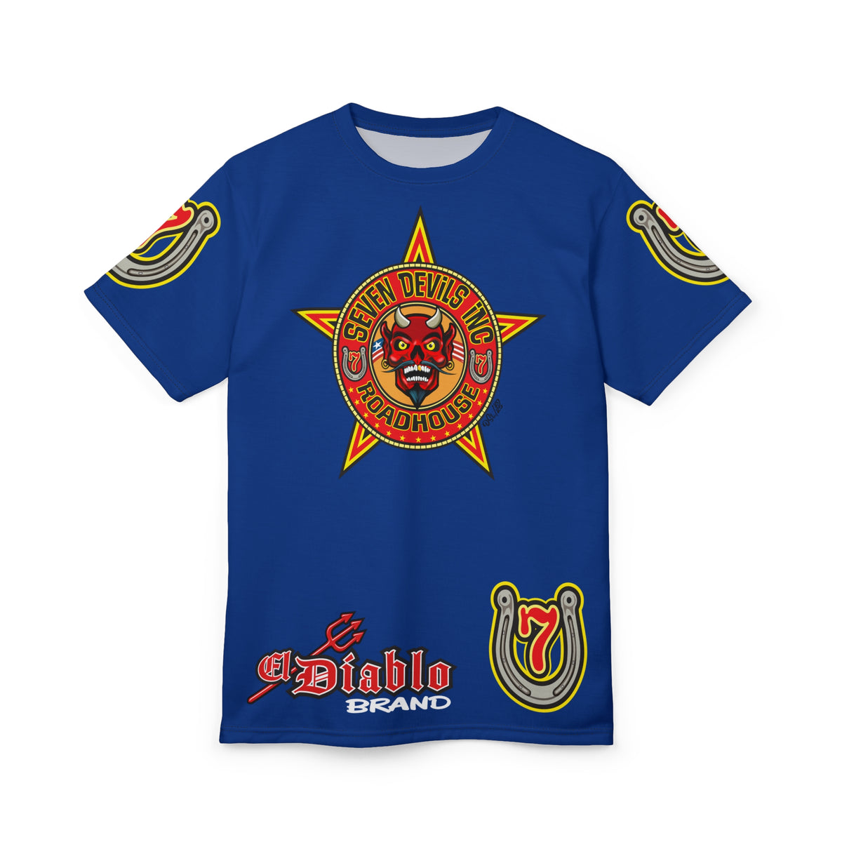 Seven Devils Inc. Roadhouse Electric Blue HiViz Design Super Tee, Edgy Biker Shirt, Special Motorcycle Riding Gear, Seven Devils Inc.