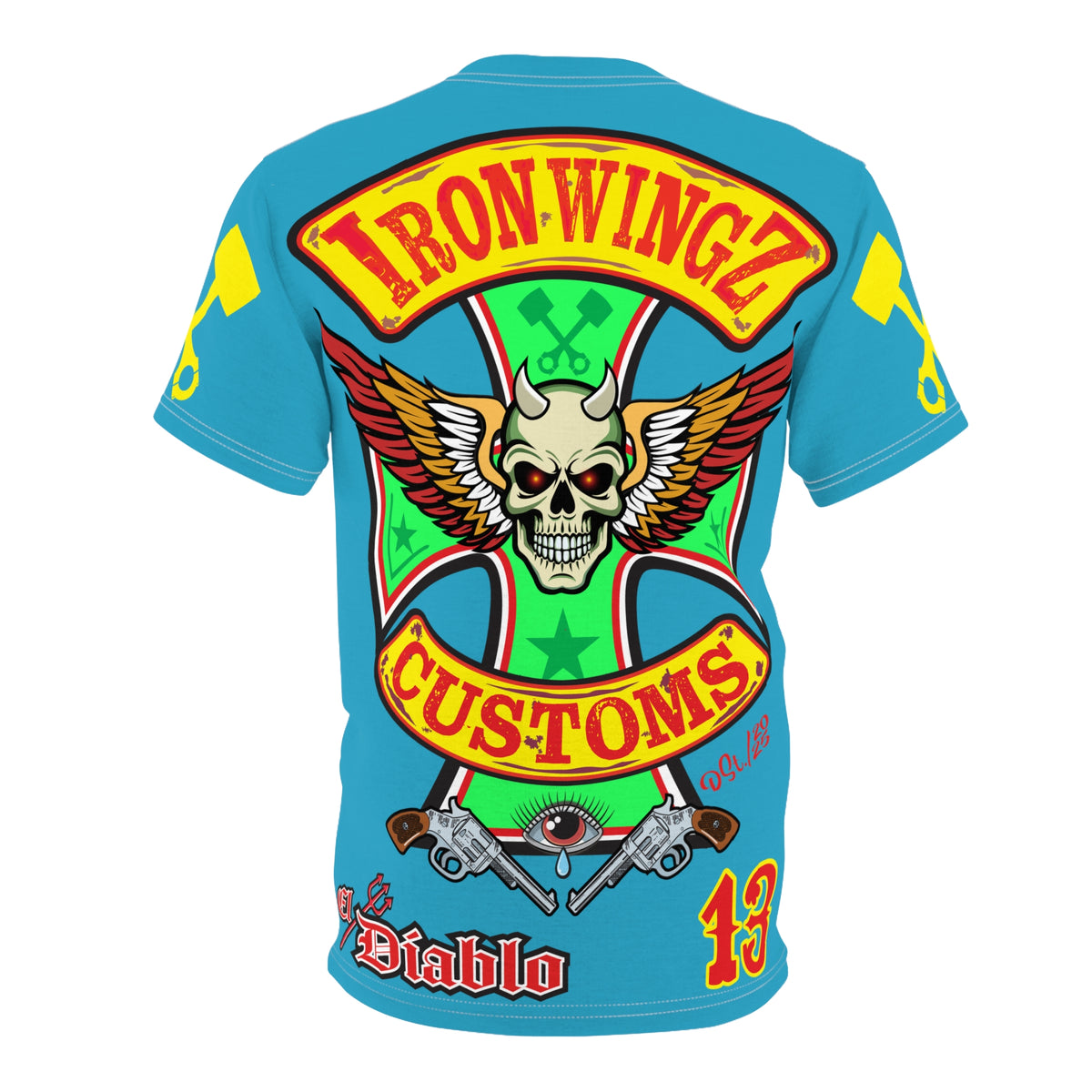 Iron WingZ Customs Electric Blue HIviz Graphic Super Tee, Edgy Streetwear, Customized Apparel, Gift for Bikers