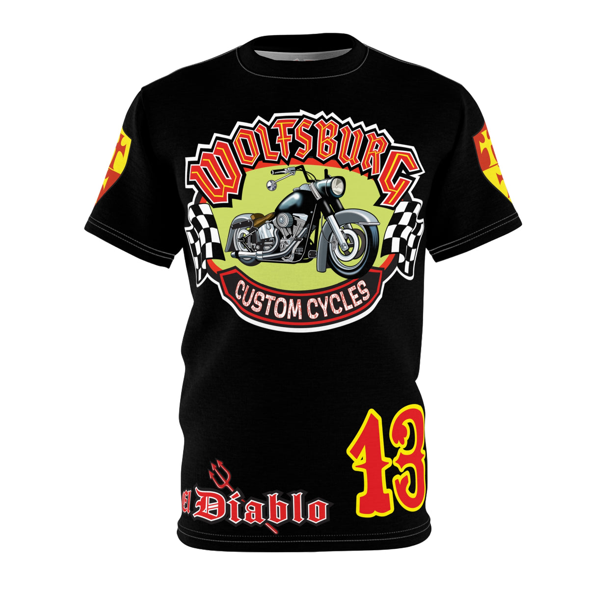 Wolfsburg Custom Cycles Super Tee - Edgy Biker Wear, Badass Gear with High Visibility Graphics