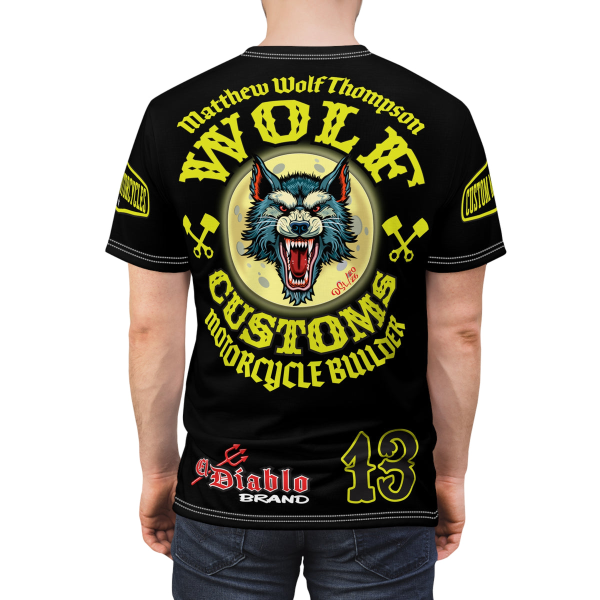 MWT Wolf Customs 13 Black with HiViZ Lumina Graphics -- Super Riding Tee — Retro Motorcycle Club Shirt, The Best Biker Riding Tee EVER !!!