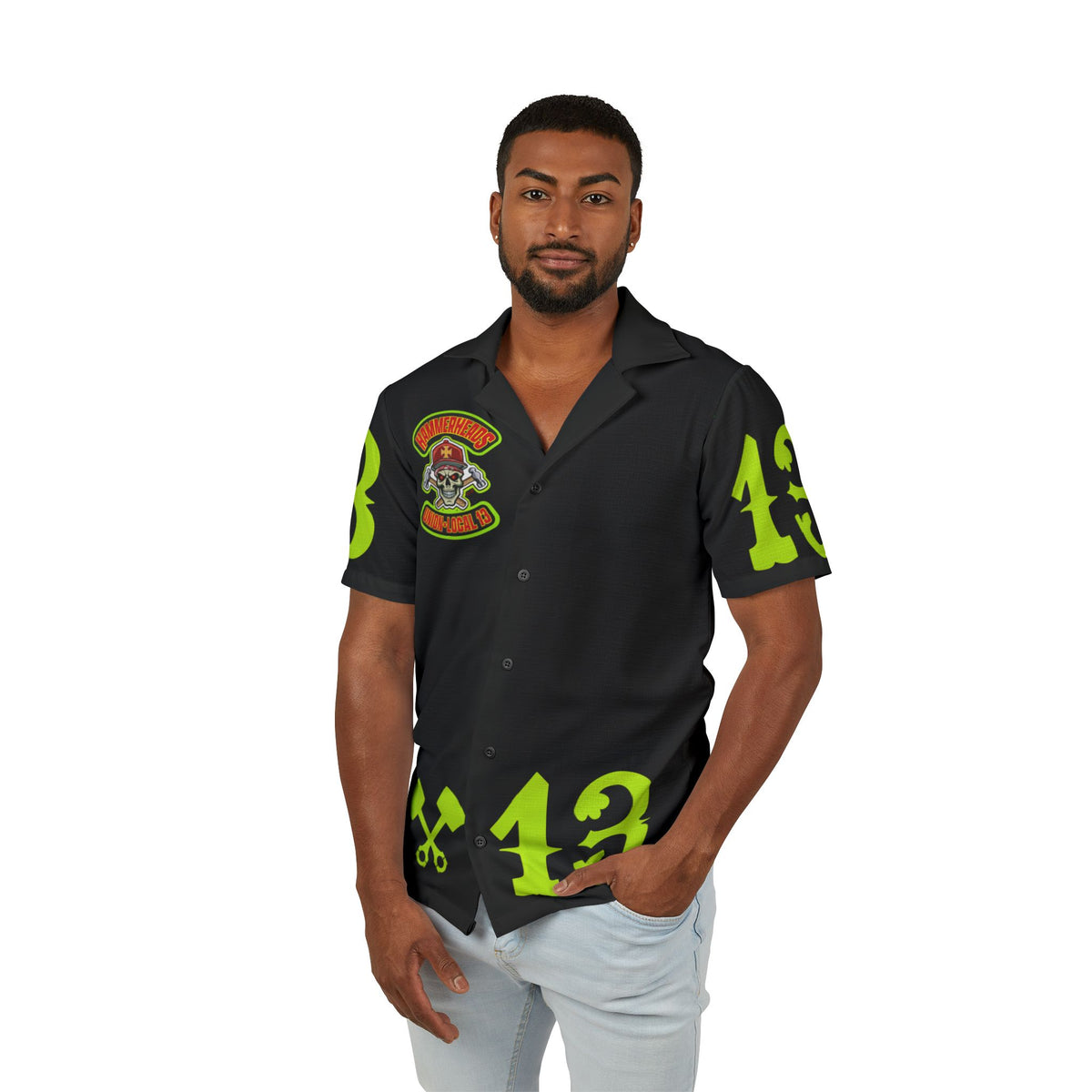 Big Bopper Hammerheads Union 13 - Men's Hawaiian Camp Shirt with Bold Graphics,  Cool Loose Biker Shirt for Riding & Partying