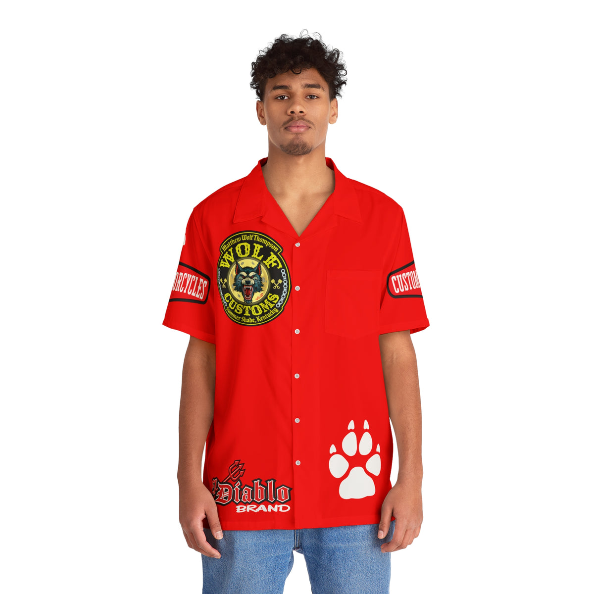 Big Bopper MWT Wolf Customs Motorcycle Hawaiian Shirt - Red "El Diablo" AOP