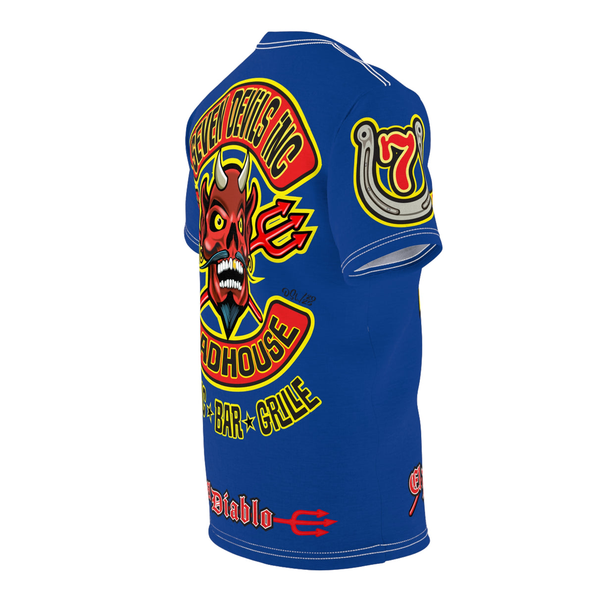 Seven Devils Inc. Roadhouse Electric Blue HiViz Design Super Tee, Edgy Biker Shirt, Special Motorcycle Riding Gear, Seven Devils Inc.