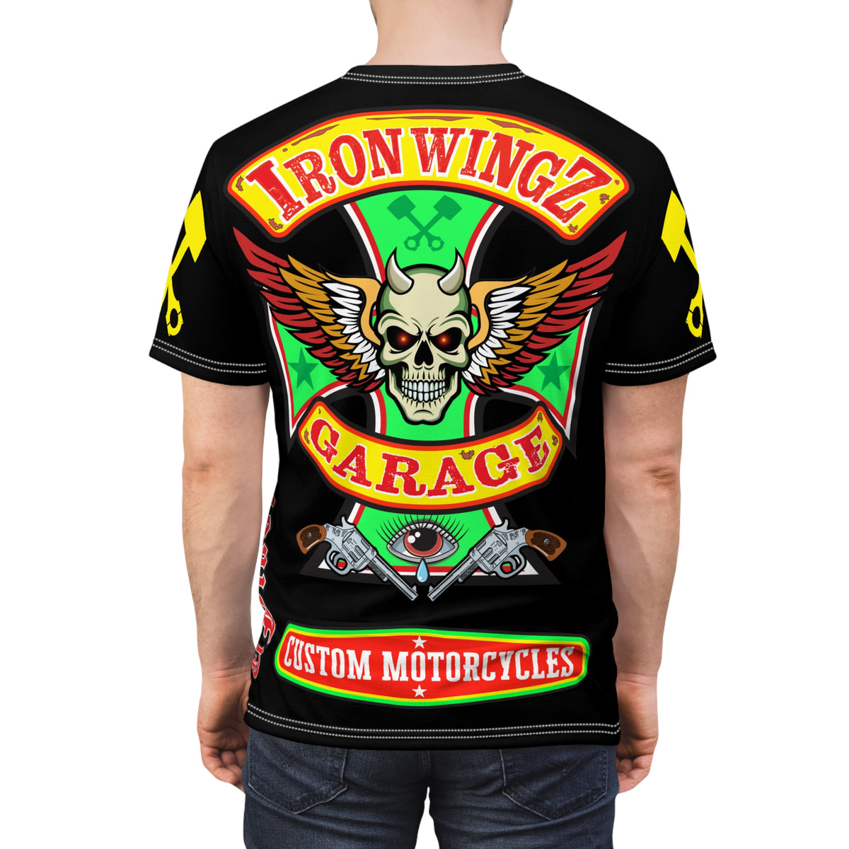 Iron Wingz Garage HiViz Tee, Vuntage Graphic Logo, Rockabilly Style Shirt for Bikers