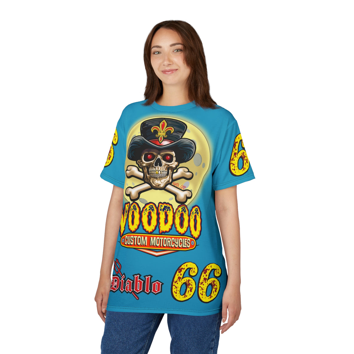 Voodoo Custom Motorcycles Electric Blue Unisex HiViz Tee, Edgy Graphic Shirt, Motorcycle Apparel, Skull T-Shirt, Perfect for Bikers