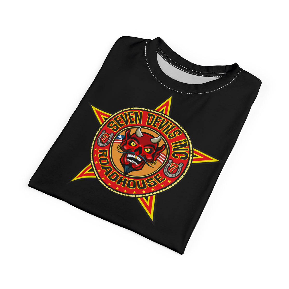 SRT Seven Devils RoadHouse Custom Biker Riding Super Tee - Retro Devil Western Style Graphic Style