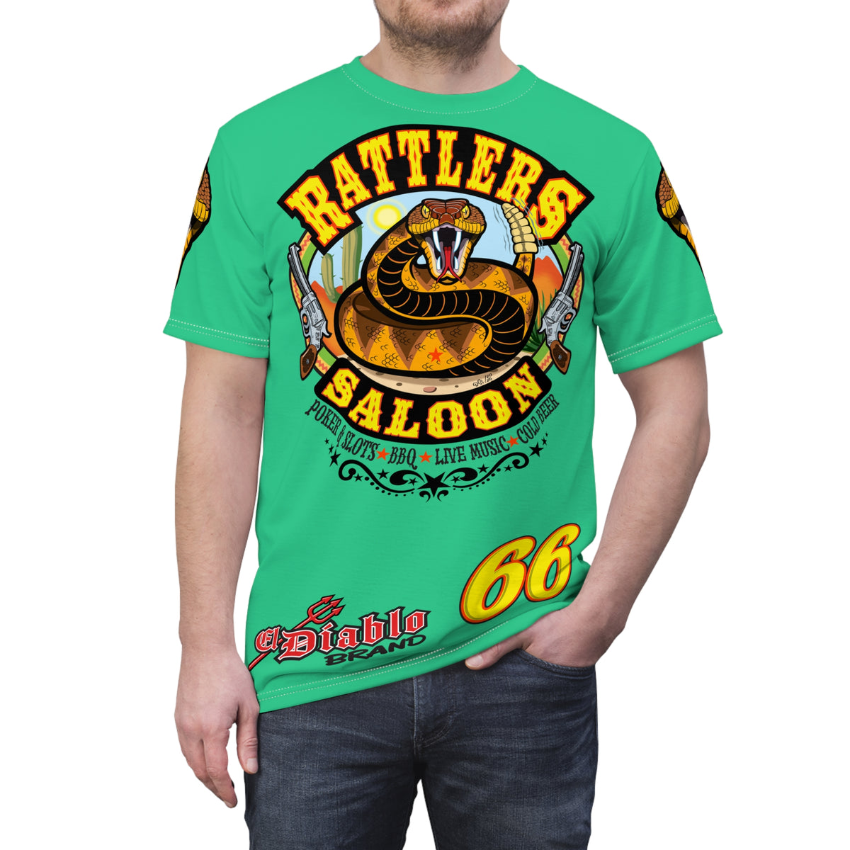 Rattlers Saloon Snake Logo Tee — Vintage Biker 66 Graphic Shirt