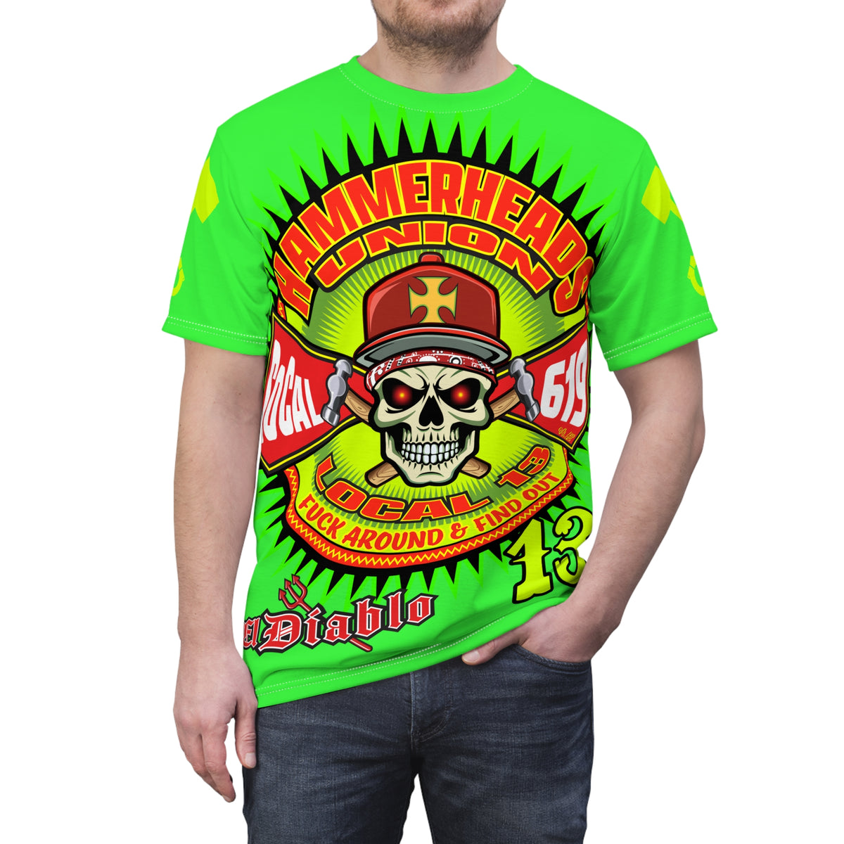 Very Special Hammerheads Union Local 13 - GIANT GRAPHICS !!!!!! SoCal 619 Special Edition - Custom HiViz Motorcycle Riding Tee Shirt _ Super Comfort and Fit