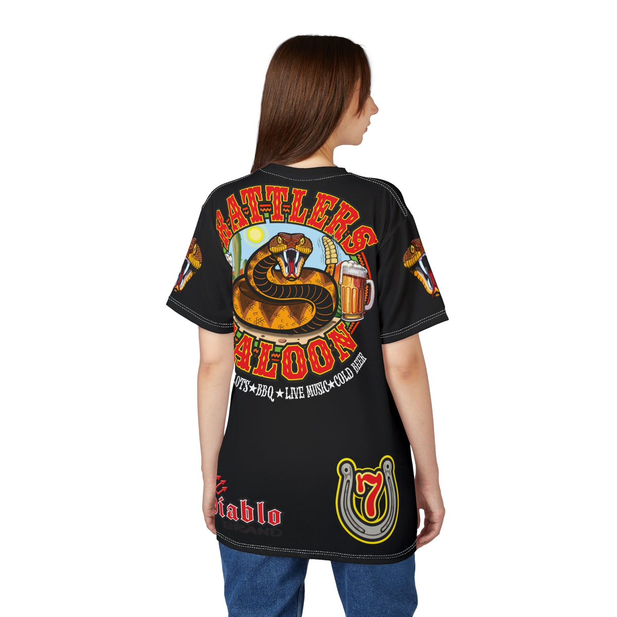 SRT Rattlers Saloon  BADAZZ BLACK SUPER RIDING TEE — Vintage Biker Lucky 7 Graphic Shirt