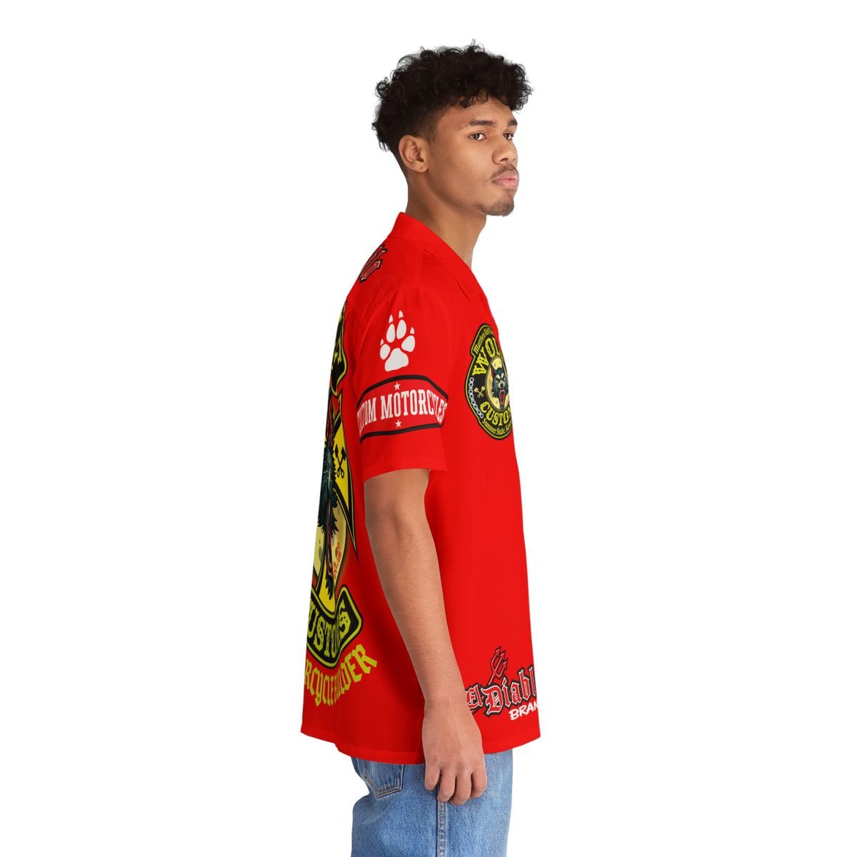 Big Bopper MWT Wolf Customs Motorcycle Hawaiian Shirt - Red "El Diablo" AOP