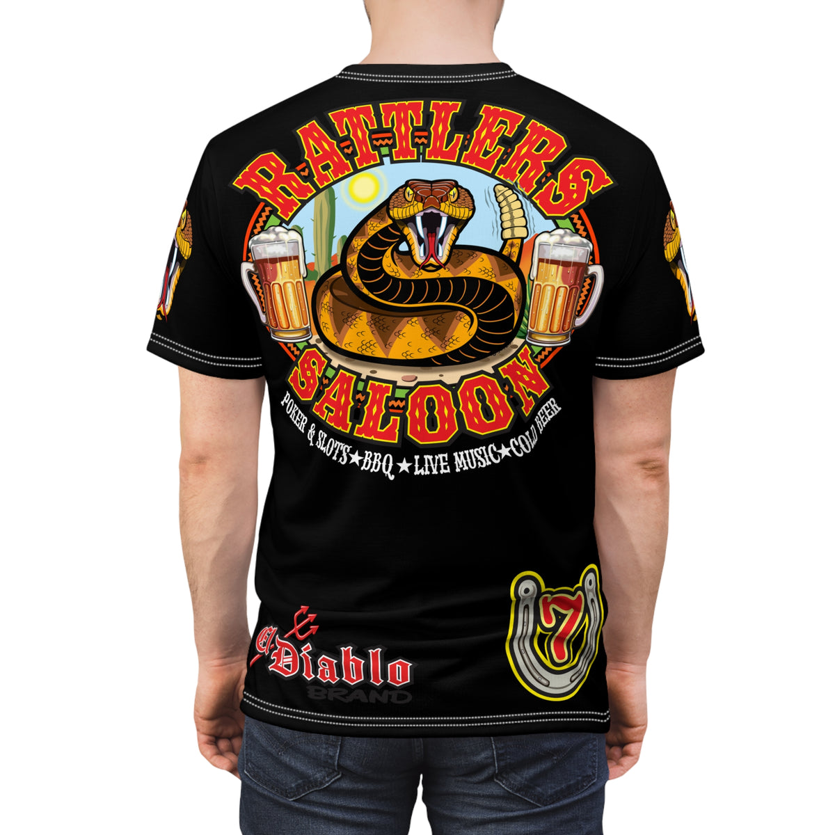 SRT Rattlers Saloon  BADAZZ BLACK SUPER RIDING TEE — Vintage Biker Lucky 7 Graphic Shirt