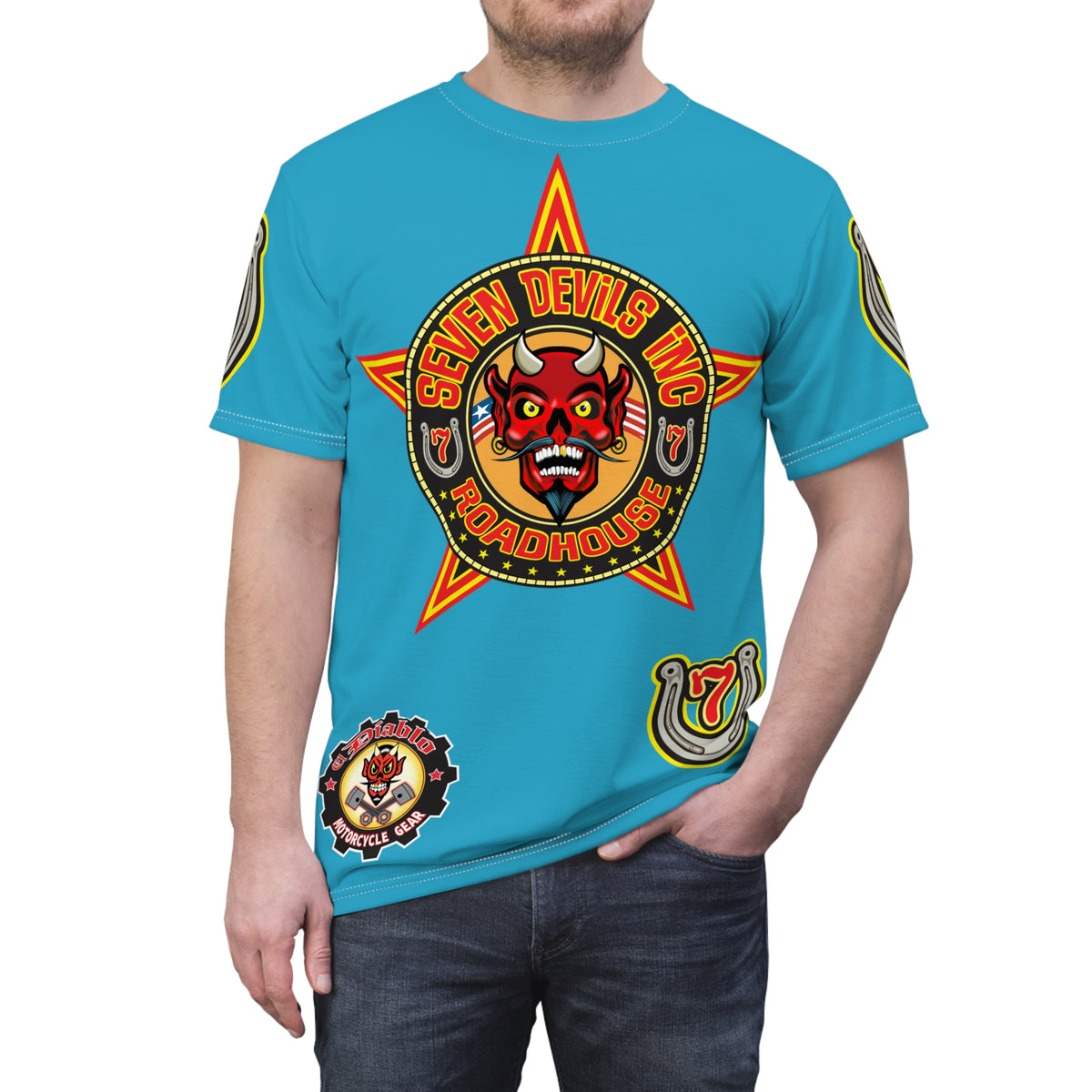 Seven Devils Inc. Roadhouse Electric Blue Hiviz  Design, Edgy Biker Shirt, Special Motorcycle Riding Gear, Seven Devils Inc.