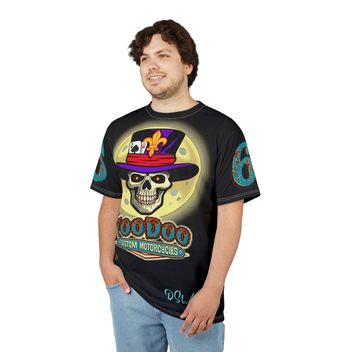 Voodoo Custom Motorcycles Ragin' Cajun Super Tee - Edgy Skull Design for Motorcycle Enthusiasts