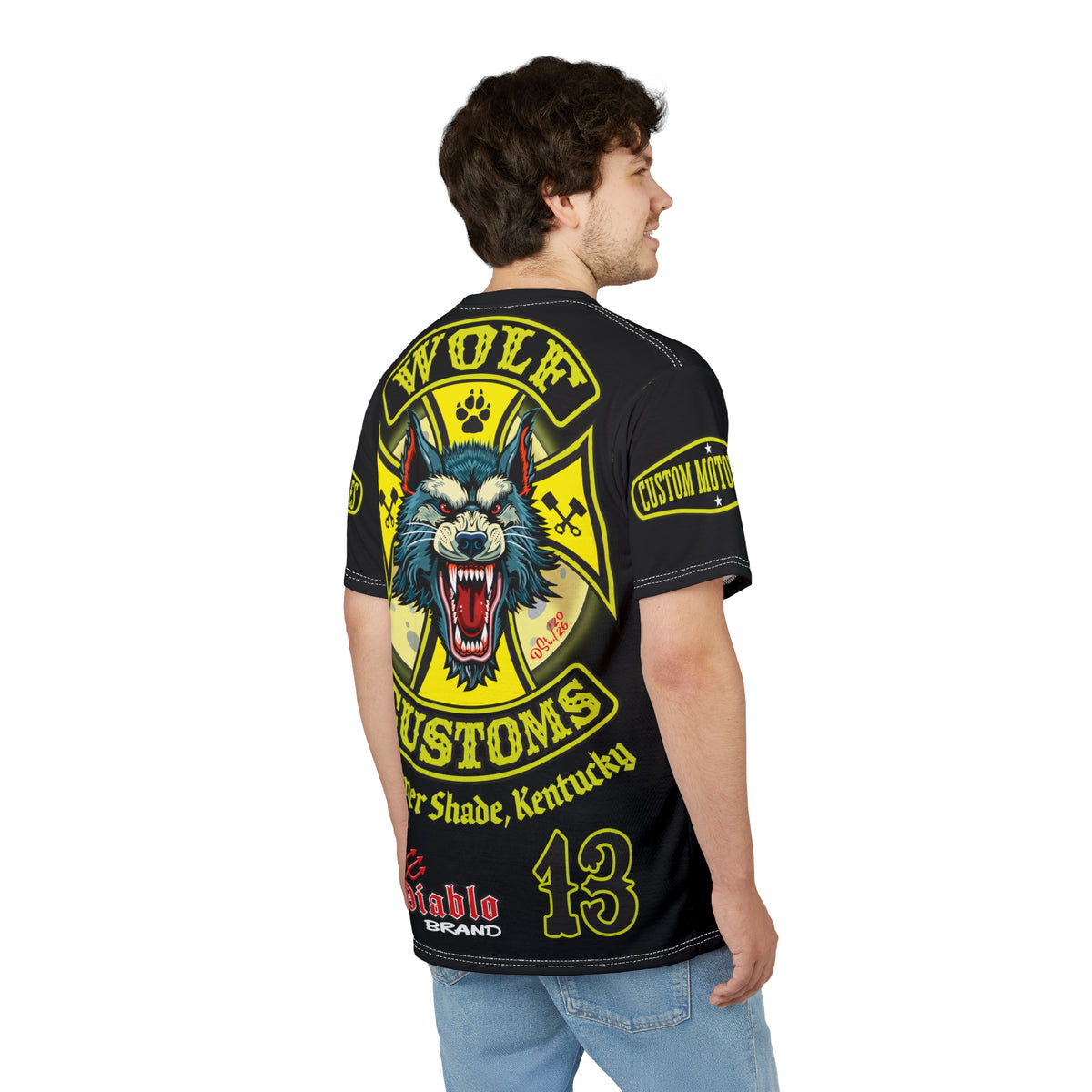 SRT MWT Wolf Customs 13 Black with HiViZ Lumina Graphics -- Super Riding Tee — Retro Motorcycle Club Shirt, The Best Biker Riding Tee EVER !!!