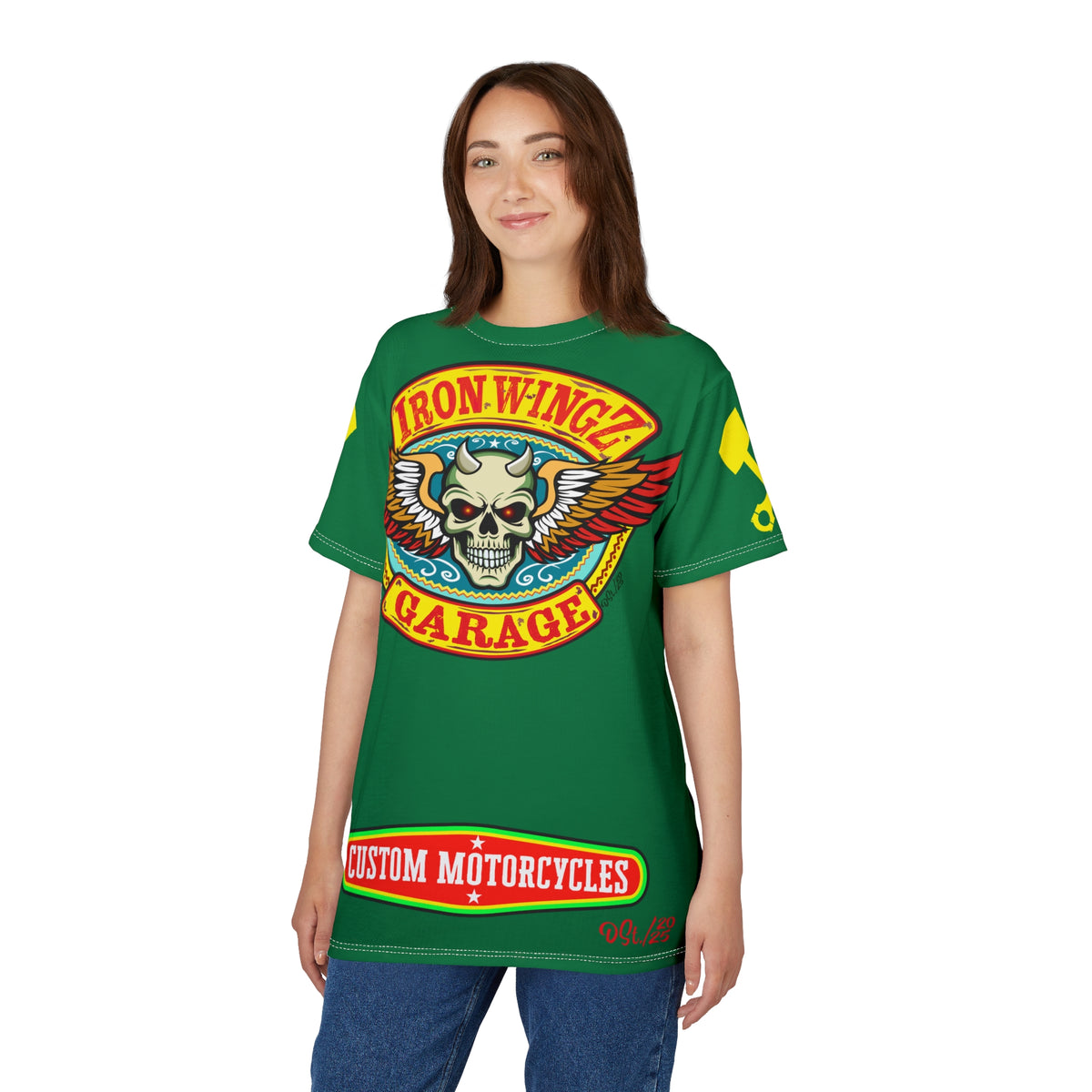 Iron Wingz Garage HiViz Tee, Vuntage Graphic Logo, Rockabilly Style Shirt for Bikers