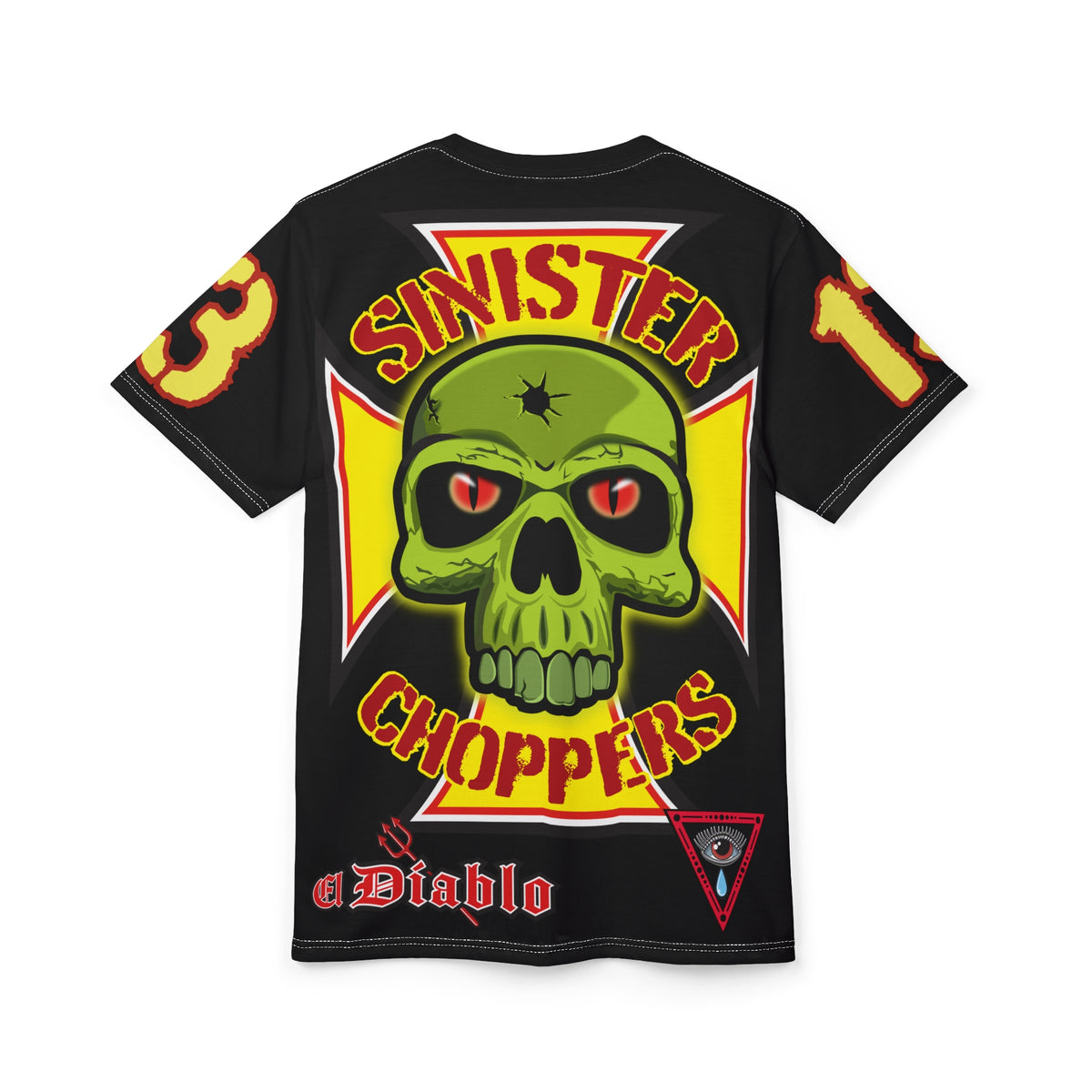 Sinister Choppers Special Edition WAR CUT - HiViZ Super Tee - Black Only - Bullet Hits - Stencil Cut Lettering - Hi colour Graphics - Evil Skulls