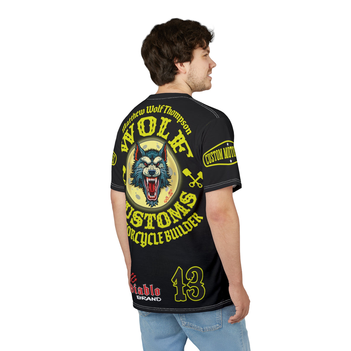 MWT Wolf Customs 13 Black with HiViZ Lumina Graphics -- Super Riding Tee — Retro Motorcycle Club Shirt, The Best Biker Riding Tee EVER !!!