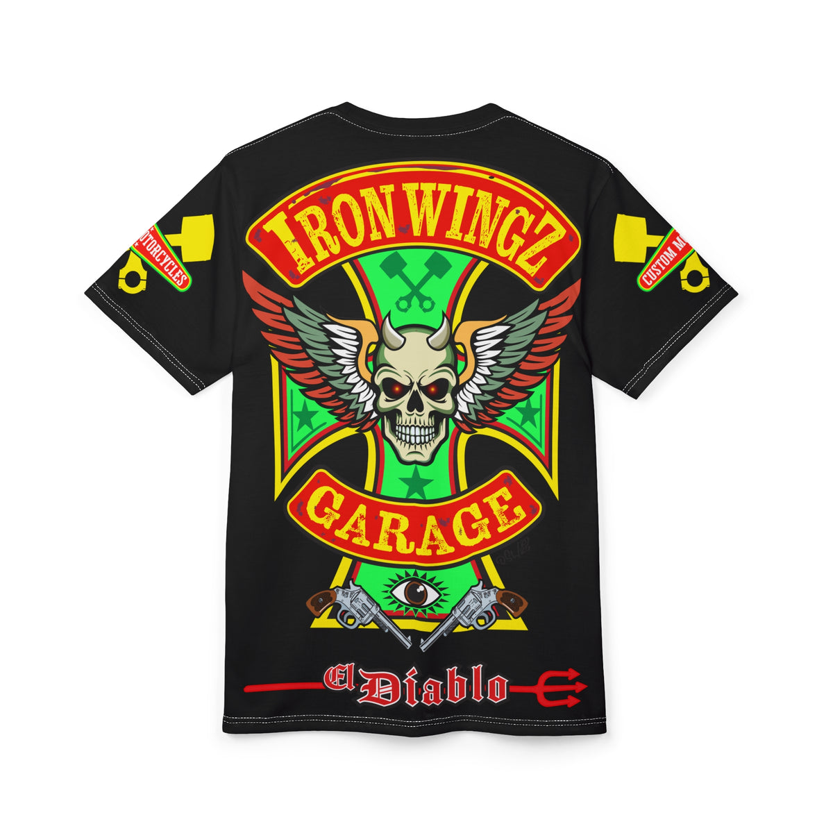Iron Wingz Garage HiViz Tee, Vintage Graphic Logo, Rockabilly Style Shirt for Bikers