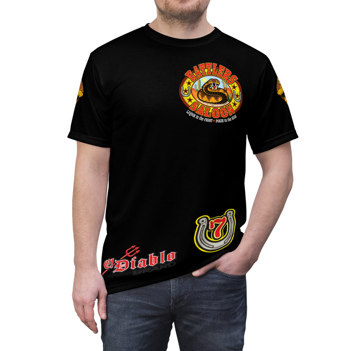 SRT Rattlers Saloon  BADAZZ BLACK SUPER RIDING TEE — Vintage Biker Lucky 7 Graphic Shirt