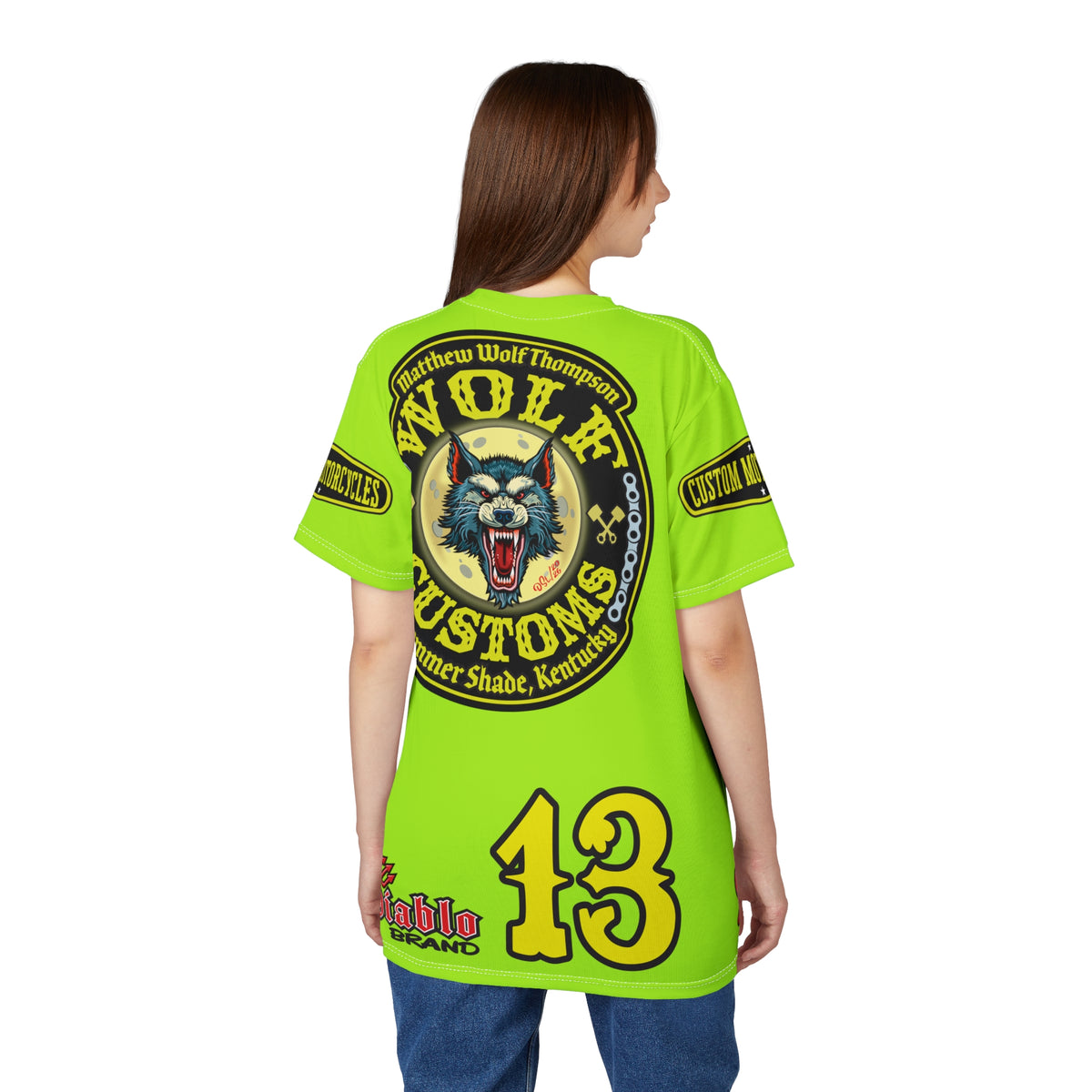 VERY SPECIAL MWT Wolf Customs Lumina Green XL HiViZ Graphics Super Tee —  The Best Biker Riding Tee EVER !!!
