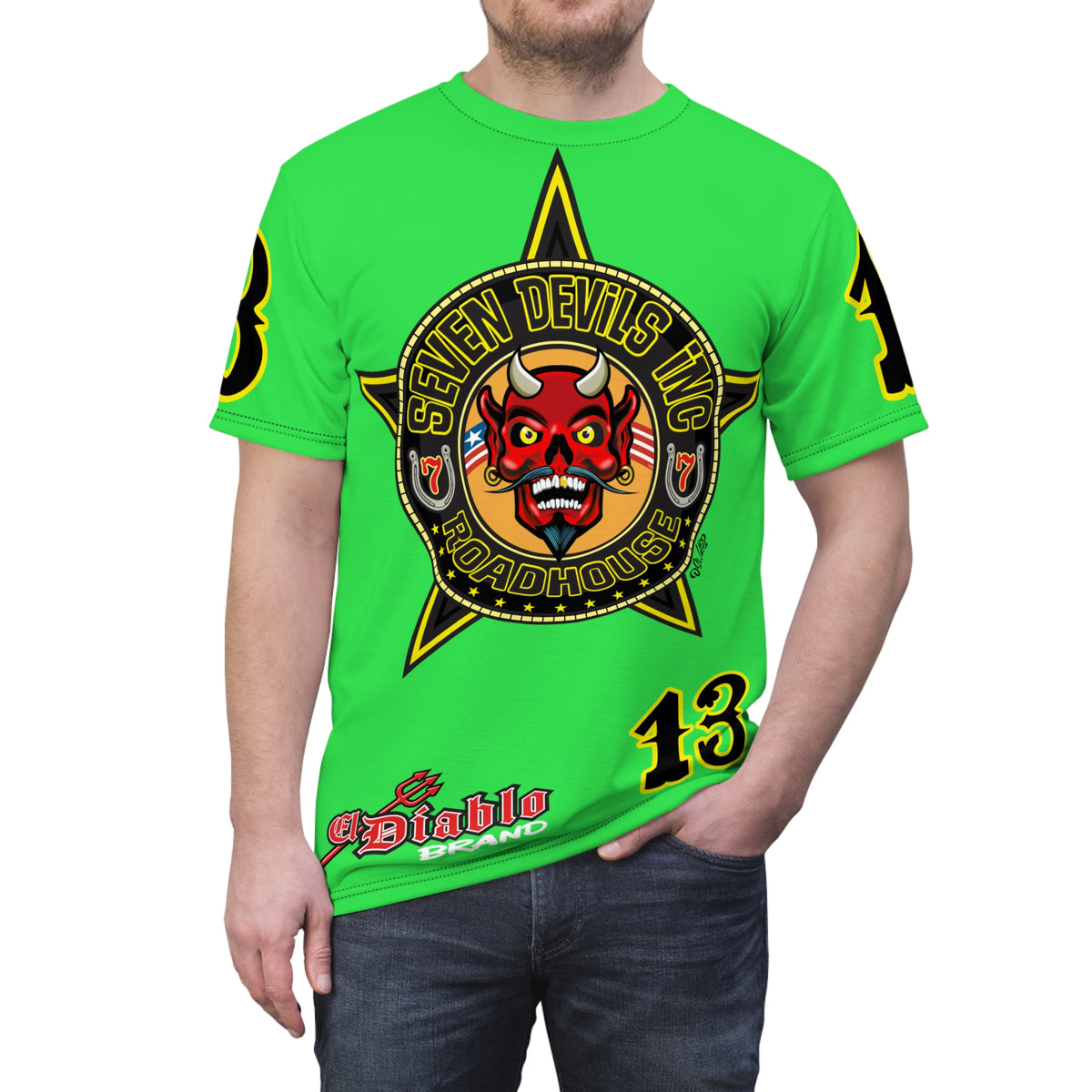 Very Special Seven Devils Inc. Roadhouse HiViZ Super Tee — Extreme Edgy Graphics - Bad Attitude Custom Biker Riding Gear