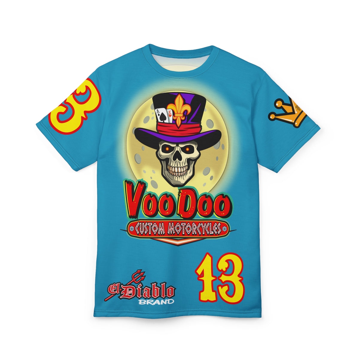 VooDoo Custom Motorcycles Electric Blue HiViz Graphics Biker Tee