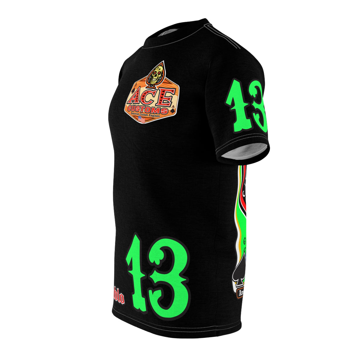 American Custom Engines ACE - HiViz Custom Riding Tee - Features Full Back Lumina Green Ace of Spades