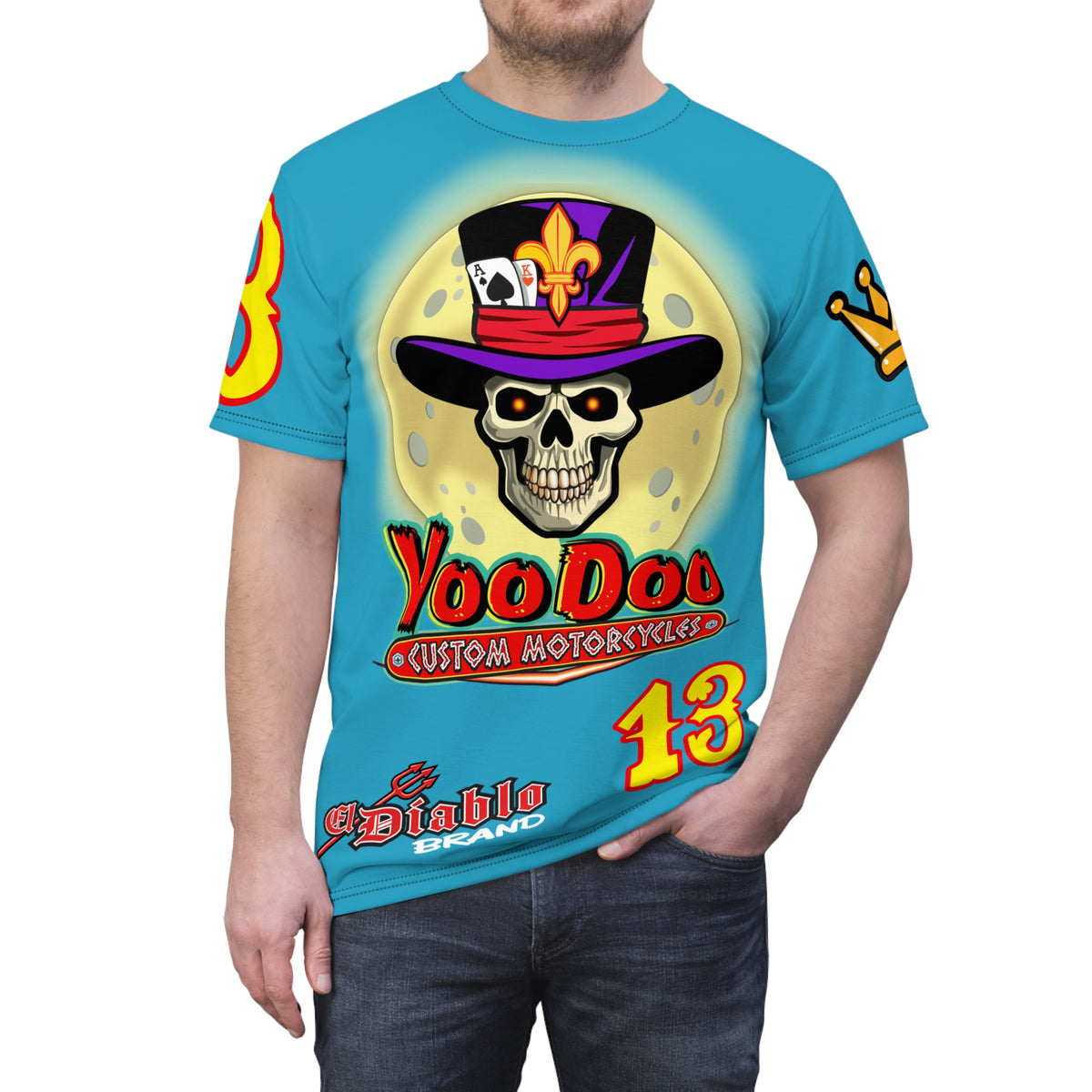 VooDoo Custom Motorcycles Electric Blue HiViz Graphics Biker Tee