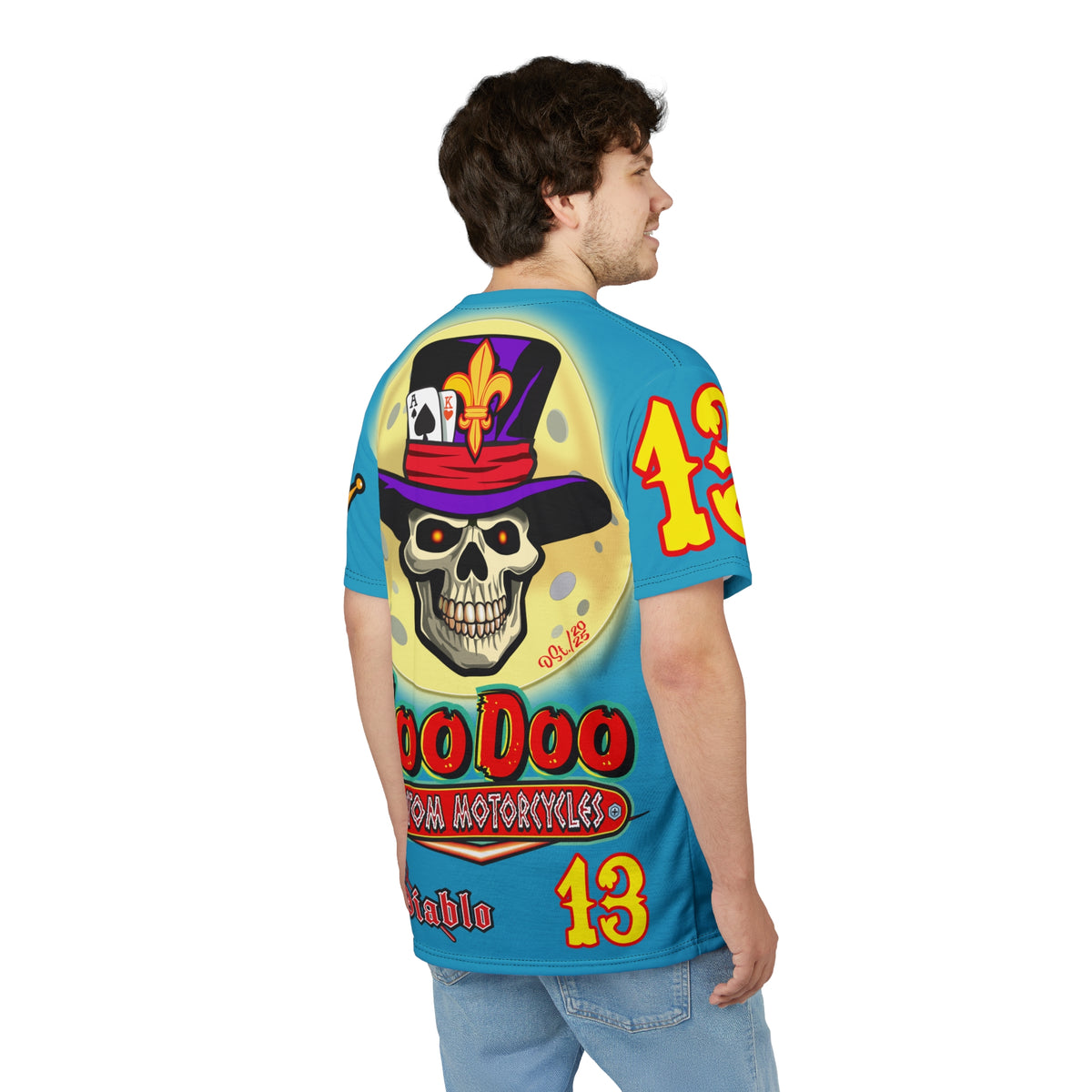 VooDoo Custom Motorcycles Electric Blue HiViz Graphics Biker Tee